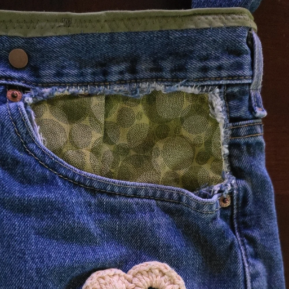 HAND CRAFTED Possible Bag UPCYCLED Blue Denim Jean Crochet Floral 29 X17 Inch - Picture 6 of 15
